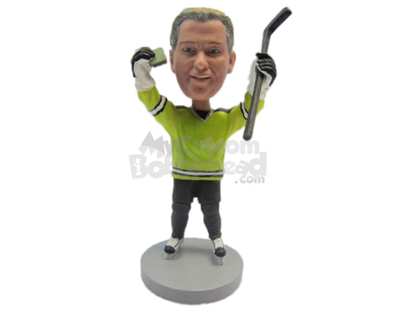 Male Ice Hockey Player Delighted with the Result Celebrating with Both Hands in the Air Personalized Bobblehead Male Ice Hockey Player Delighted with the Result Celebrating with Both Hands in the Air Personalized Bobblehead